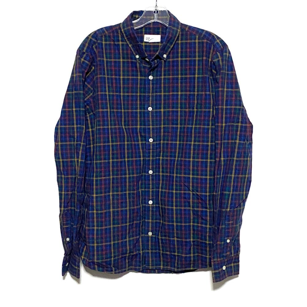 Gap Slim Fit Button Down Plaid Primary Colors Navy Windowpane Mens Large L